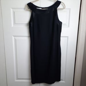 NY Sake Black Lined Sheath Dress Size 14 with satin-like neck trim details